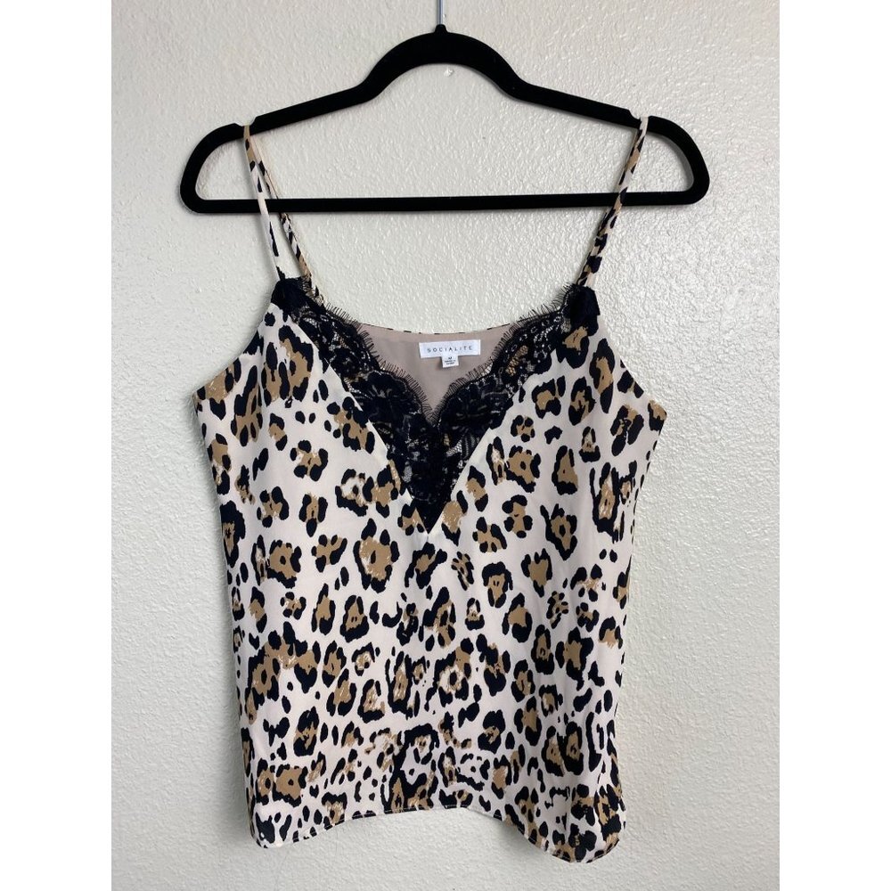 Socialite Y2K Leopard Lace Trim Cami Tank Top Womens size Medium Fairy Grunge